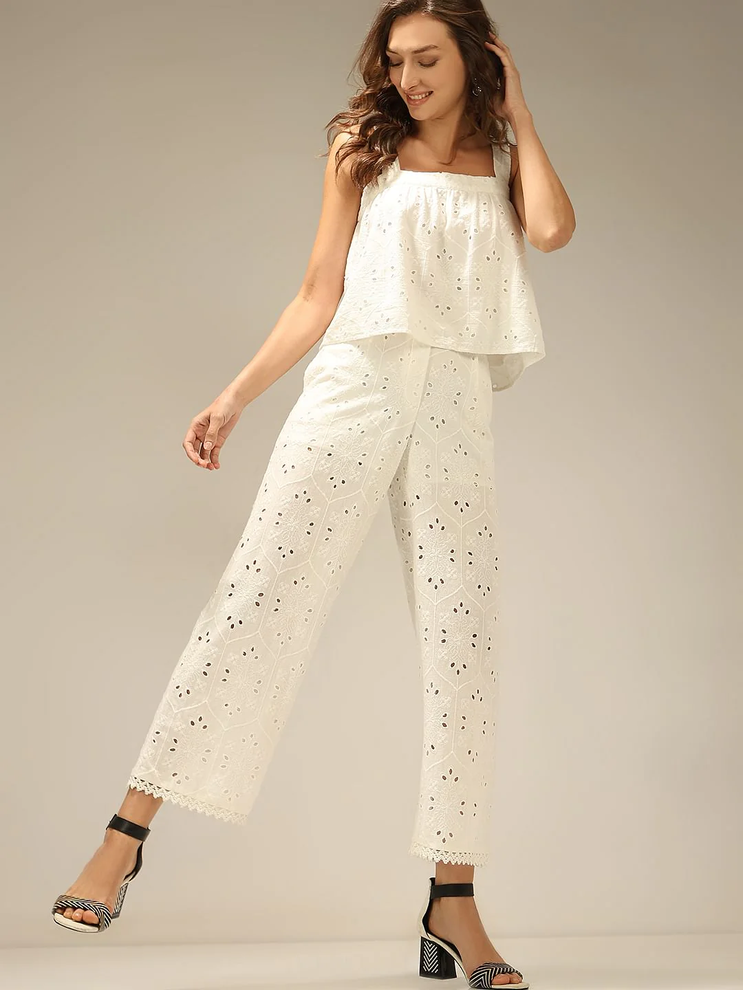 White Schiffli Co-Ord Set Pants