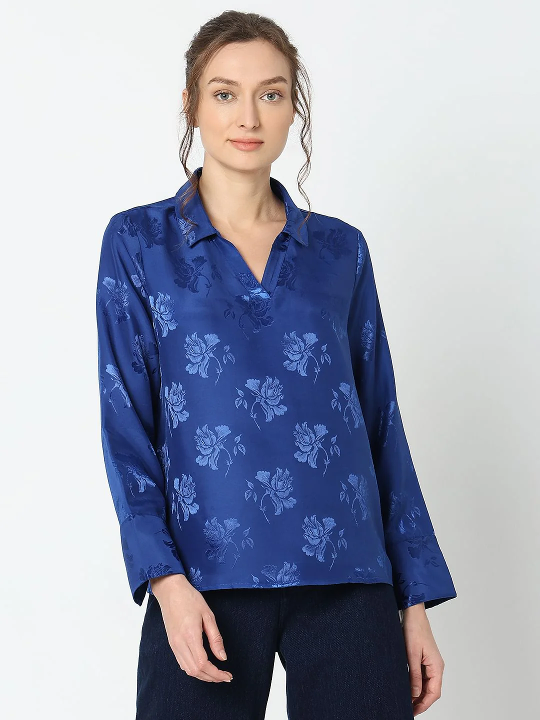 Blue Rose Print Satin Shirt - Image 2