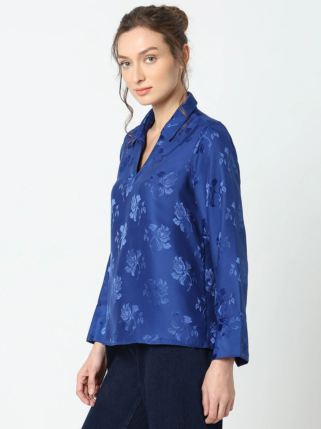 Blue Rose Print Satin Shirt - Image 3