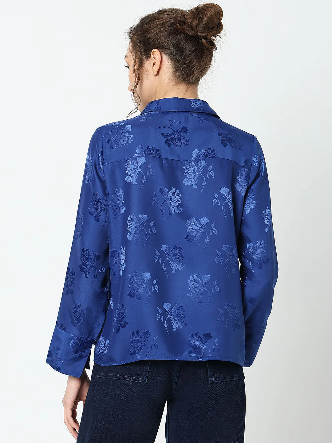 Blue Rose Print Satin Shirt - Image 4