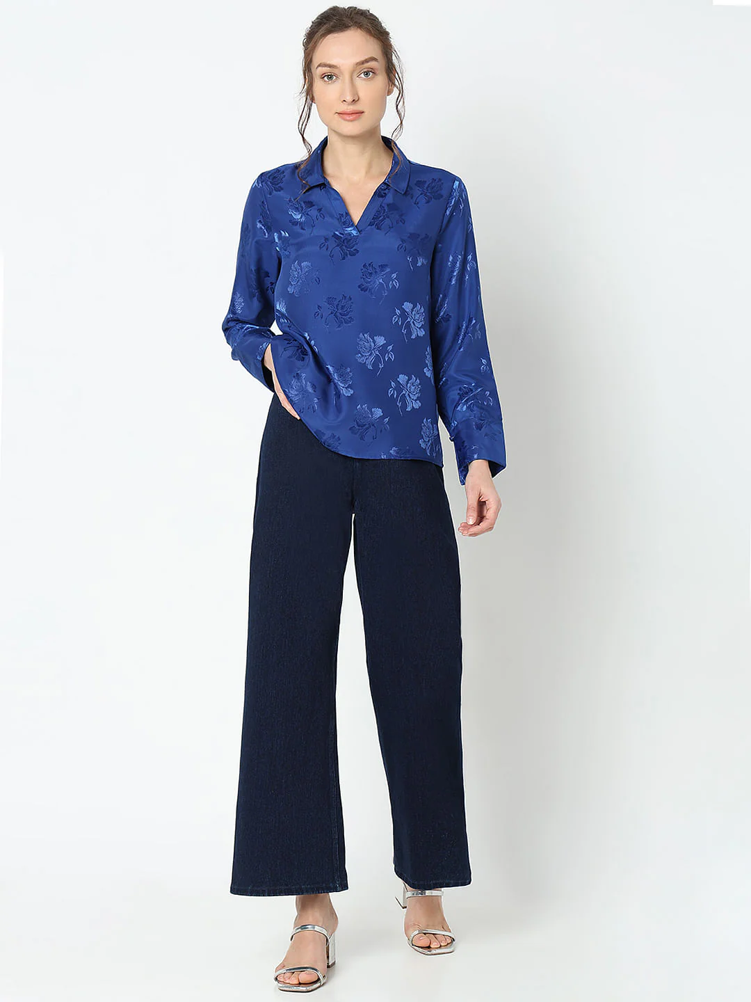 Blue Rose Print Satin Shirt - Image 5