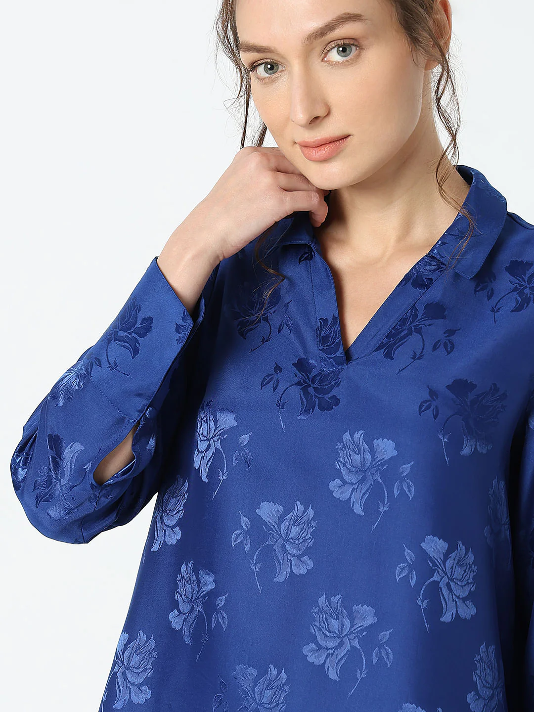 Blue Rose Print Satin Shirt - Image 6