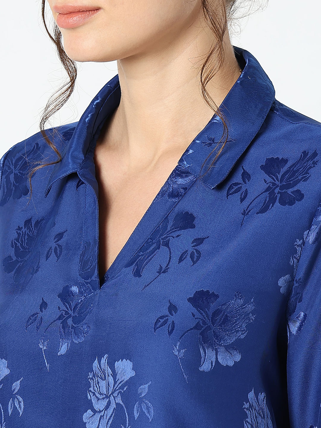 Blue Rose Print Satin Shirt - Image 8