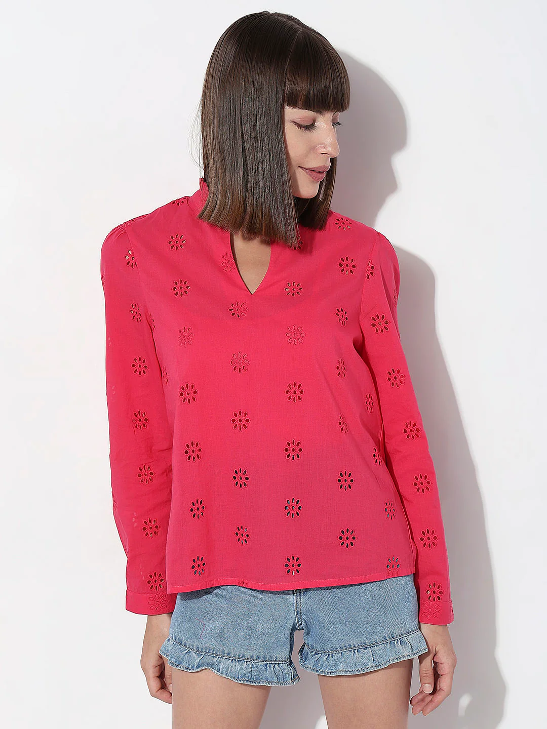 Red Schiffli Full Sleeves Top - Image 2