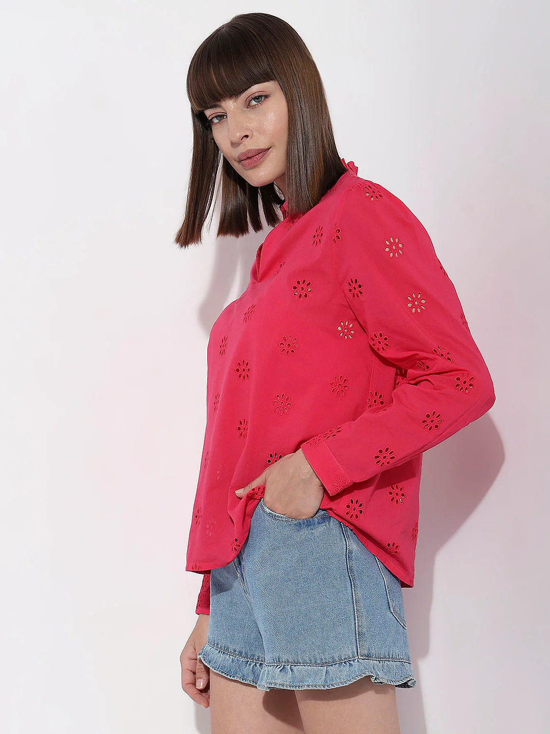 Red Schiffli Full Sleeves Top - Image 3