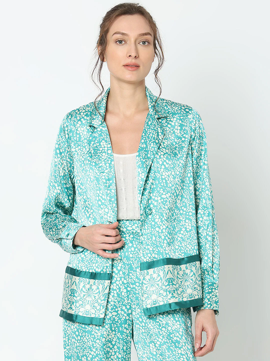 Teal Satin Loose Co-Ord Set Blazer - Image 2
