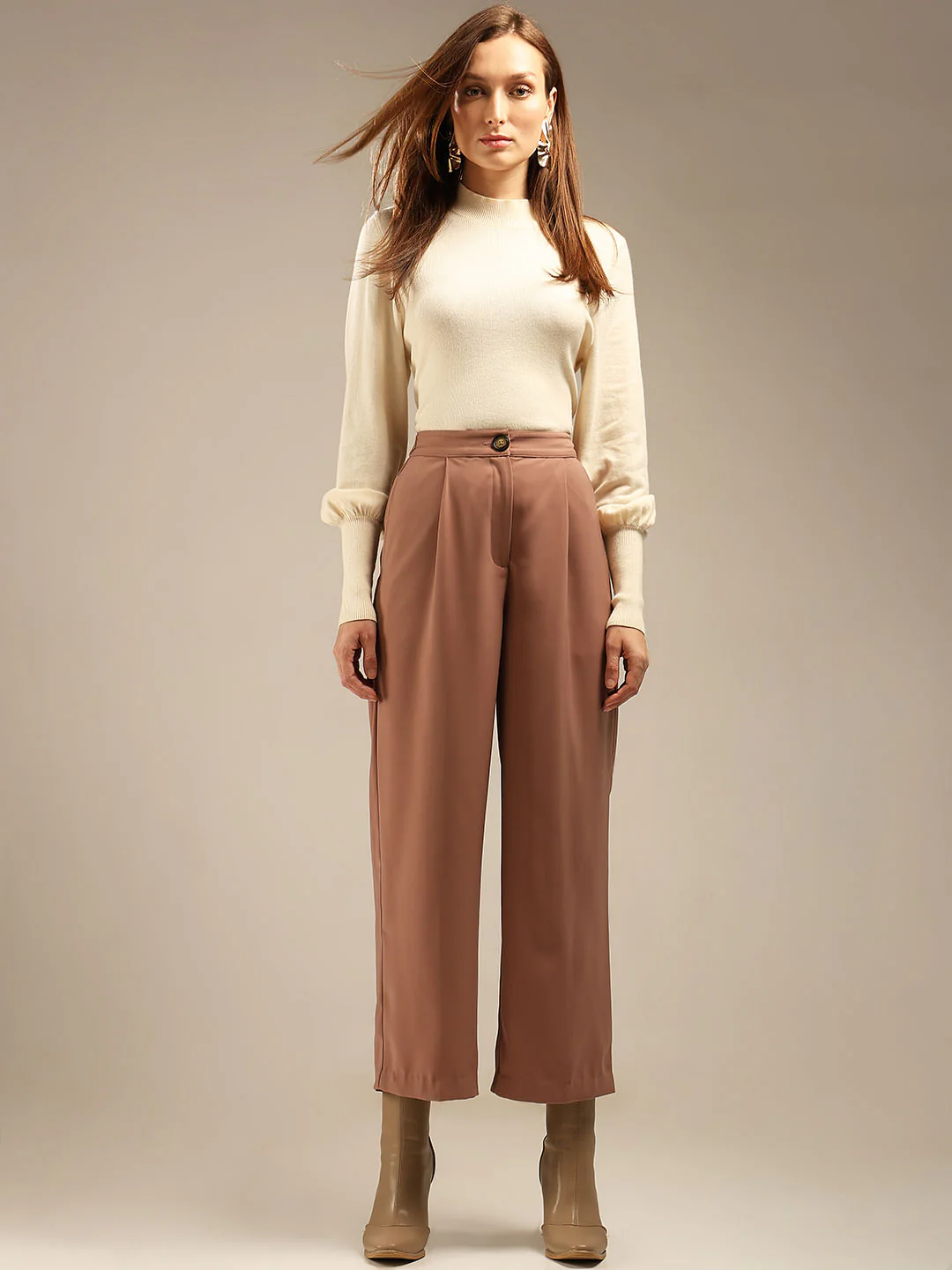 Beige High Rise Wide Leg Pants