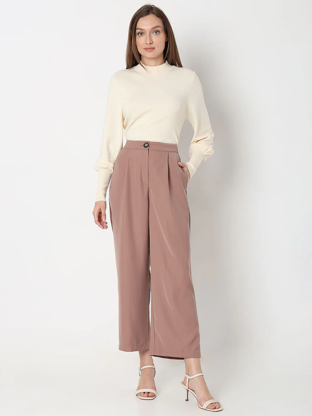 Beige High Rise Wide Leg Pants - Image 5