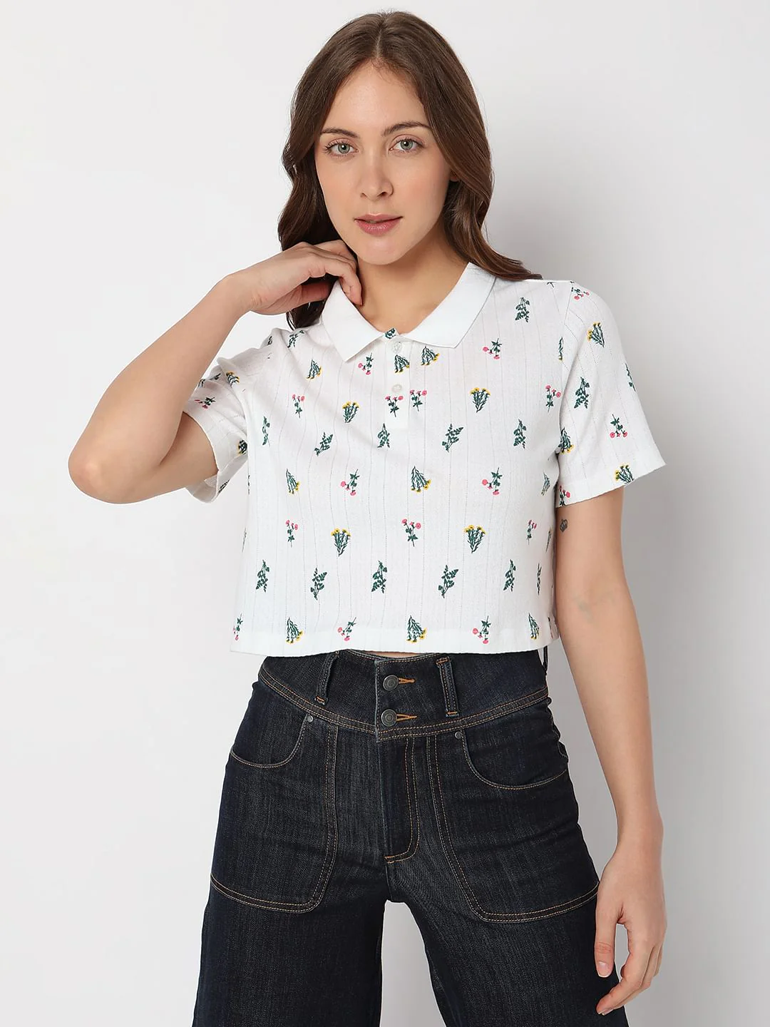 White Floral Printed Crop Top - Image 2