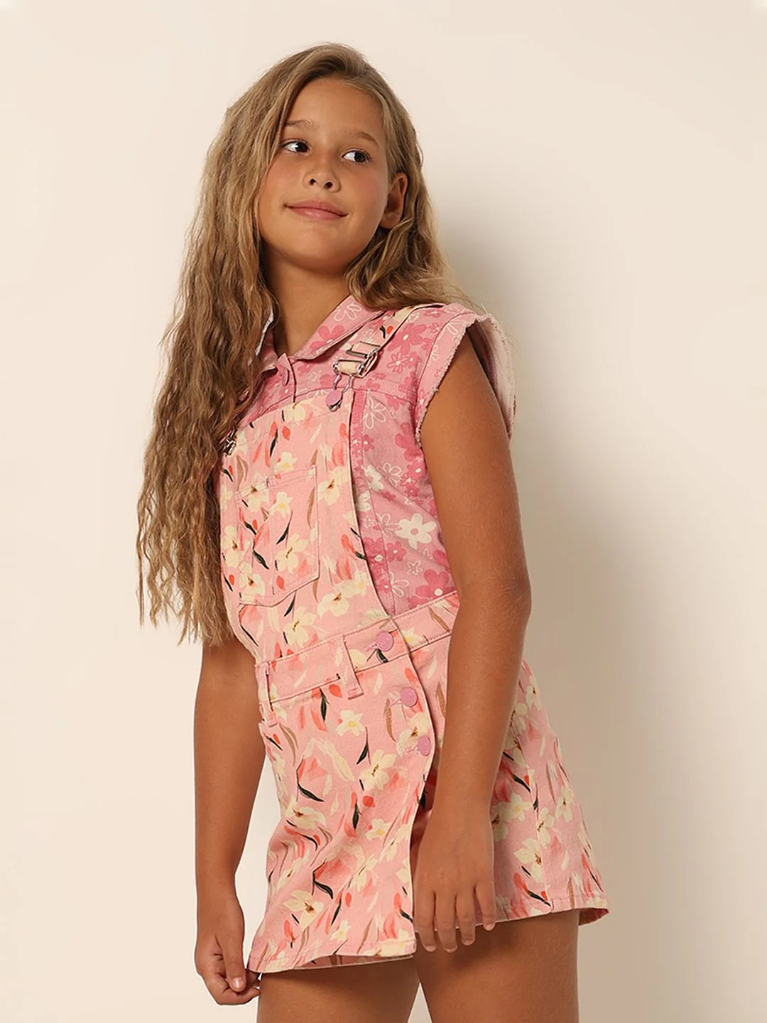 Girls Pink Printed Dungaree - Image 2