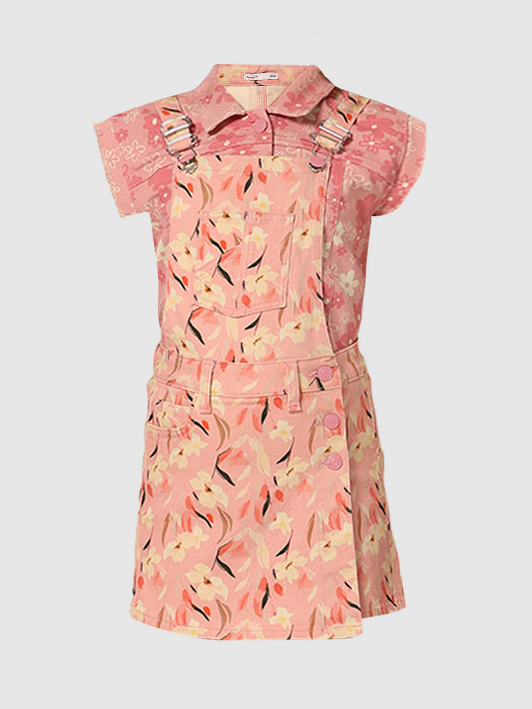Girls Pink Printed Dungaree - Image 6