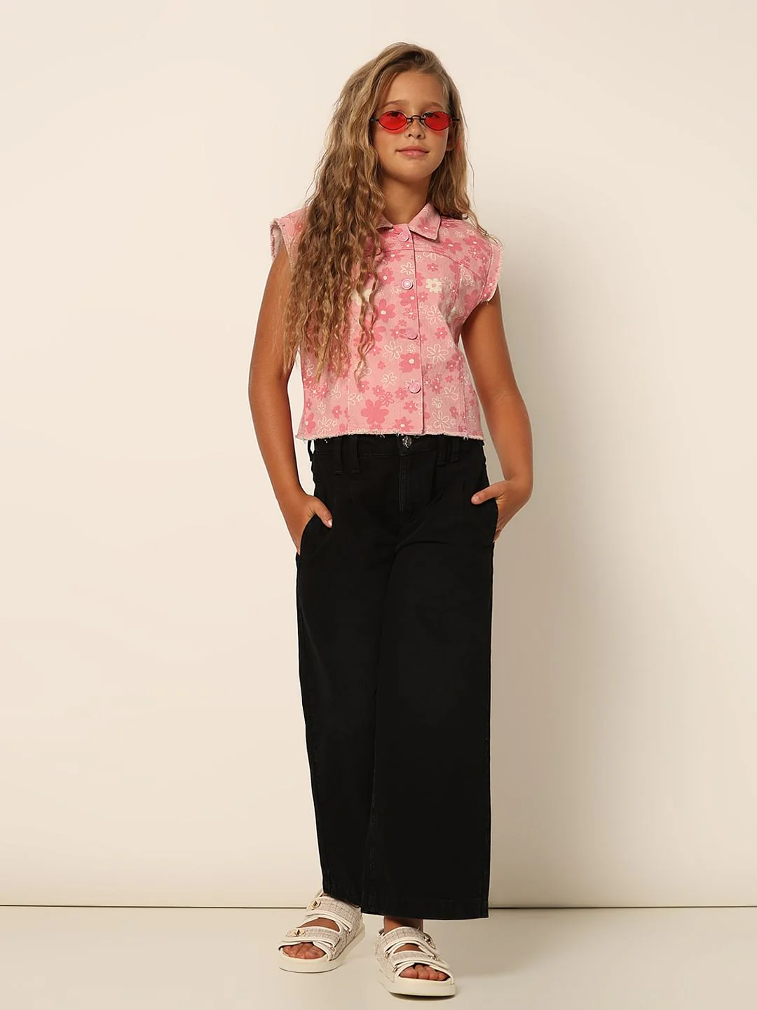 Girls Pink Floral Sleeveless Denim Shirt