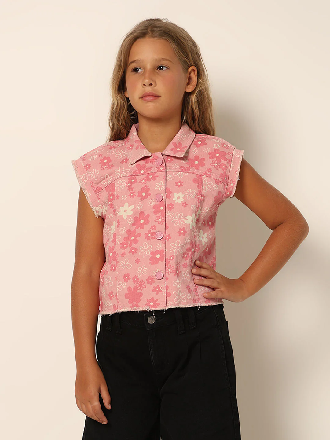 Girls Pink Floral Sleeveless Denim Shirt - Image 2
