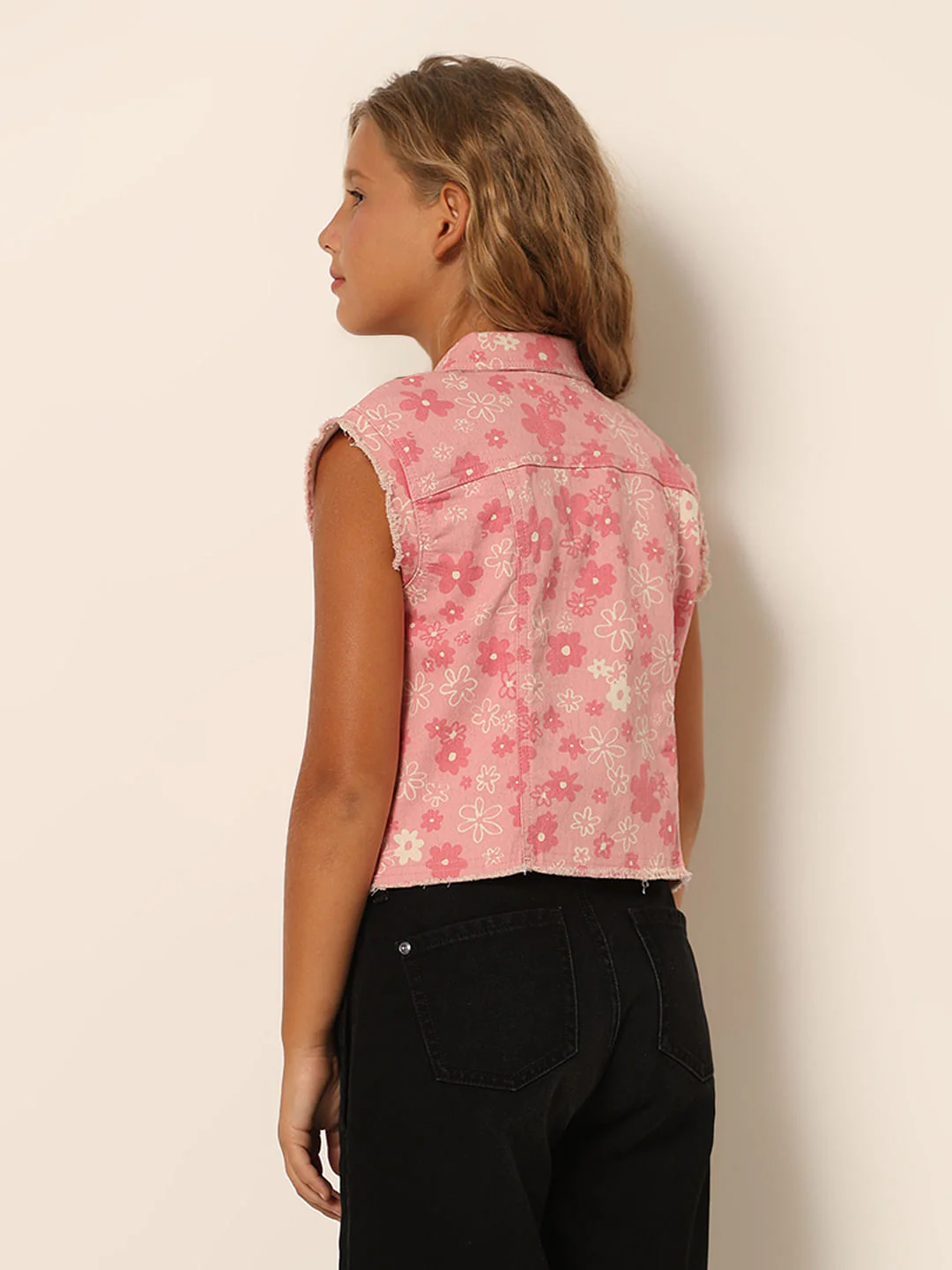 Girls Pink Floral Sleeveless Denim Shirt - Image 3