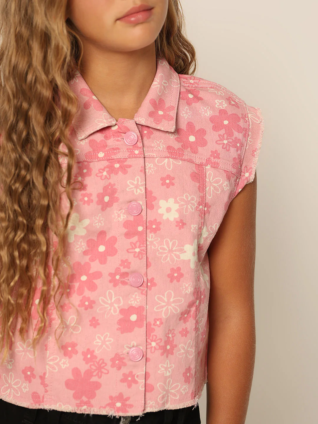 Girls Pink Floral Sleeveless Denim Shirt - Image 4