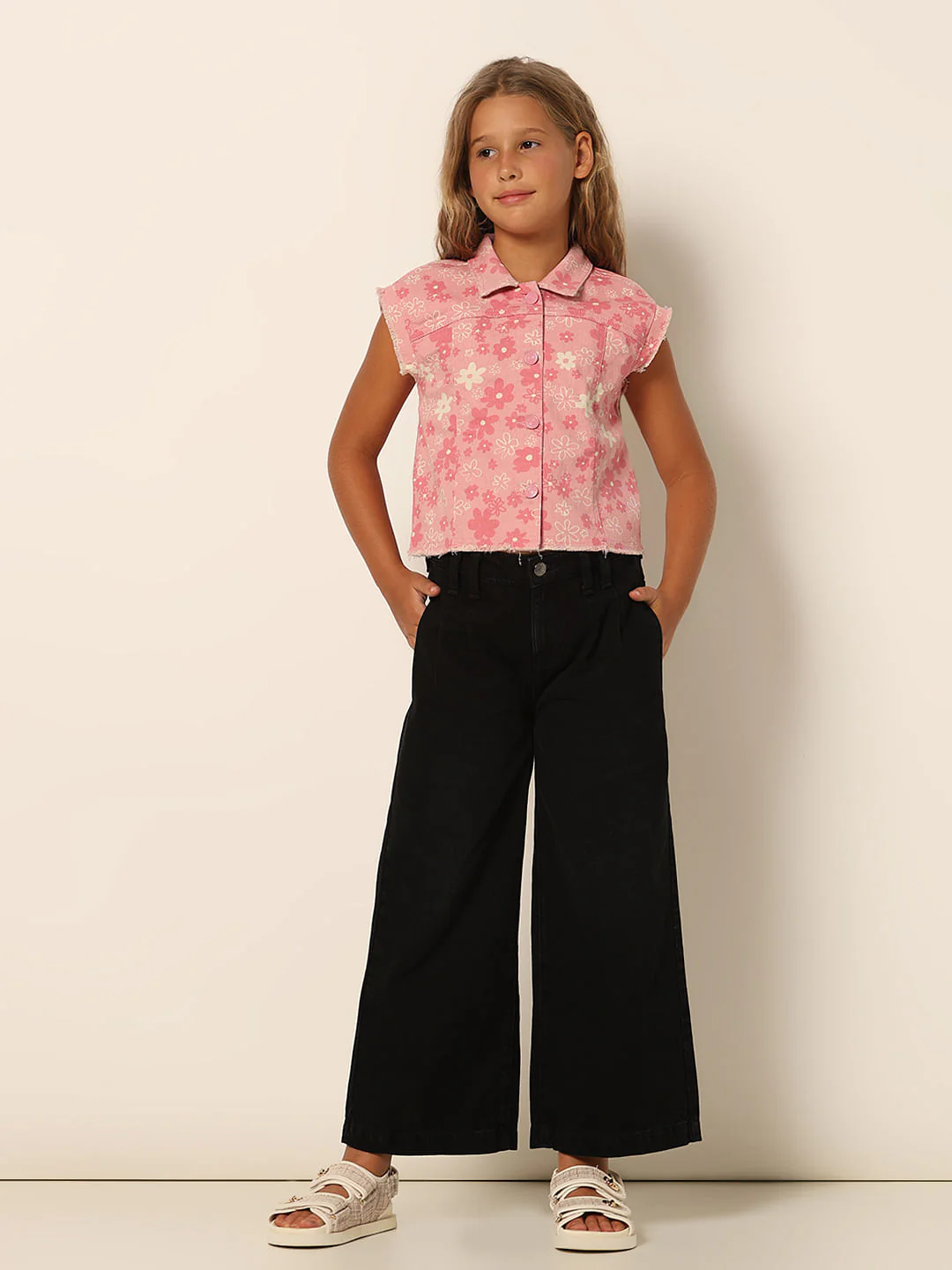 Girls Pink Floral Sleeveless Denim Shirt - Image 5