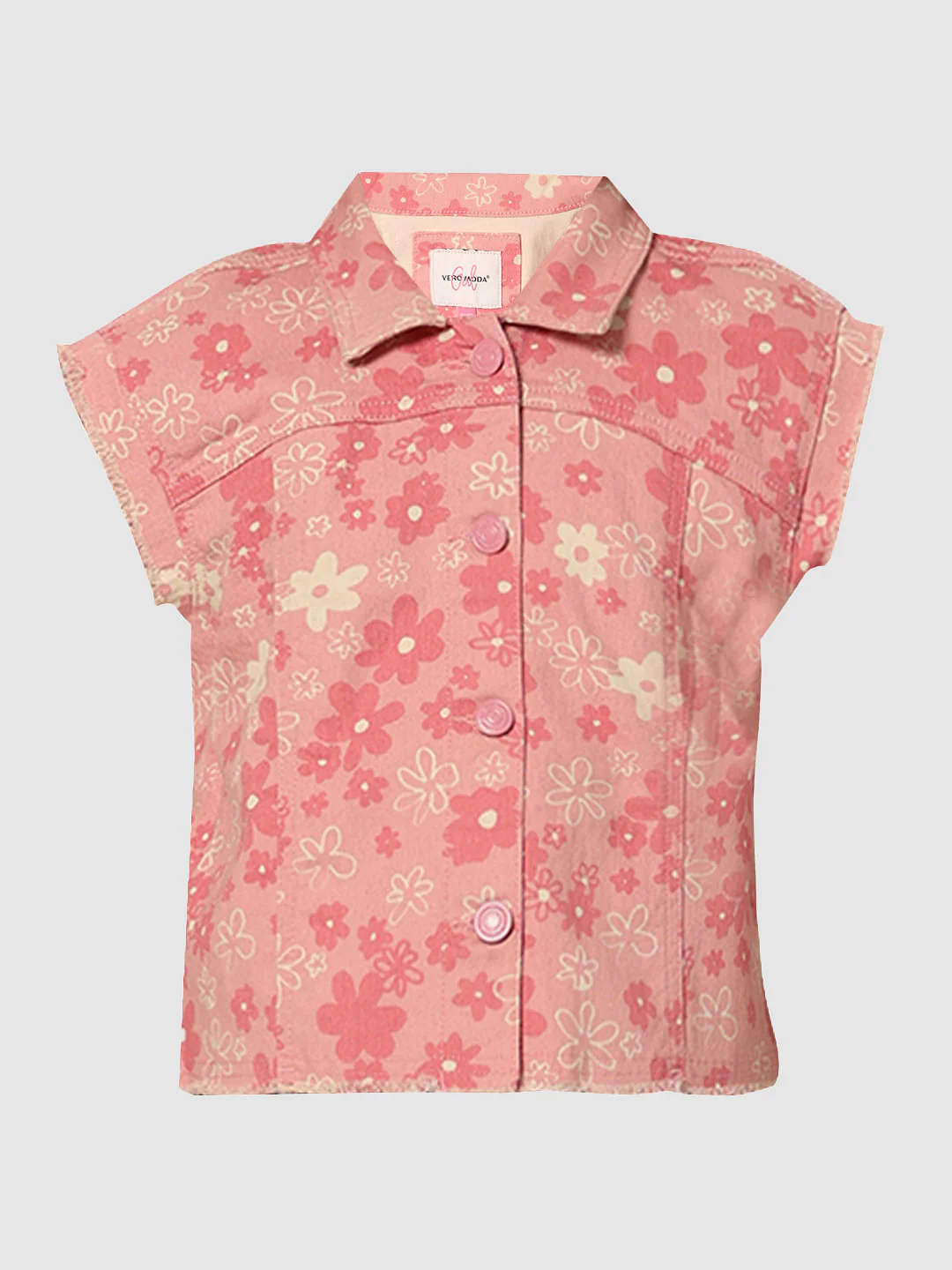 Girls Pink Floral Sleeveless Denim Shirt - Image 6