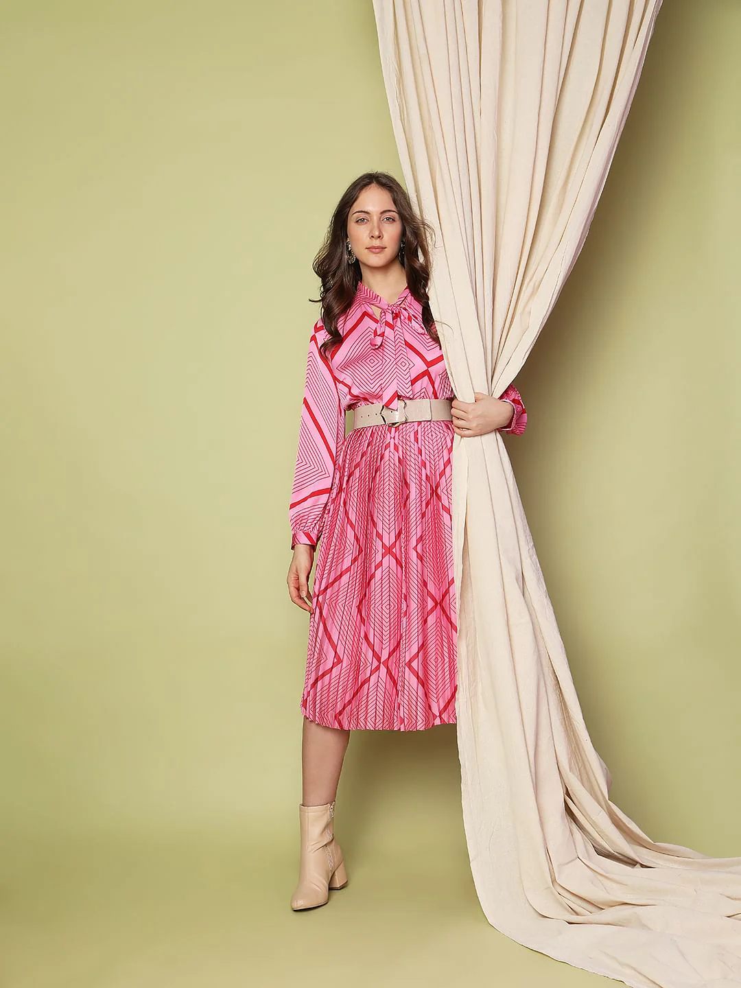 Pink Printed Pleated Midi Dress