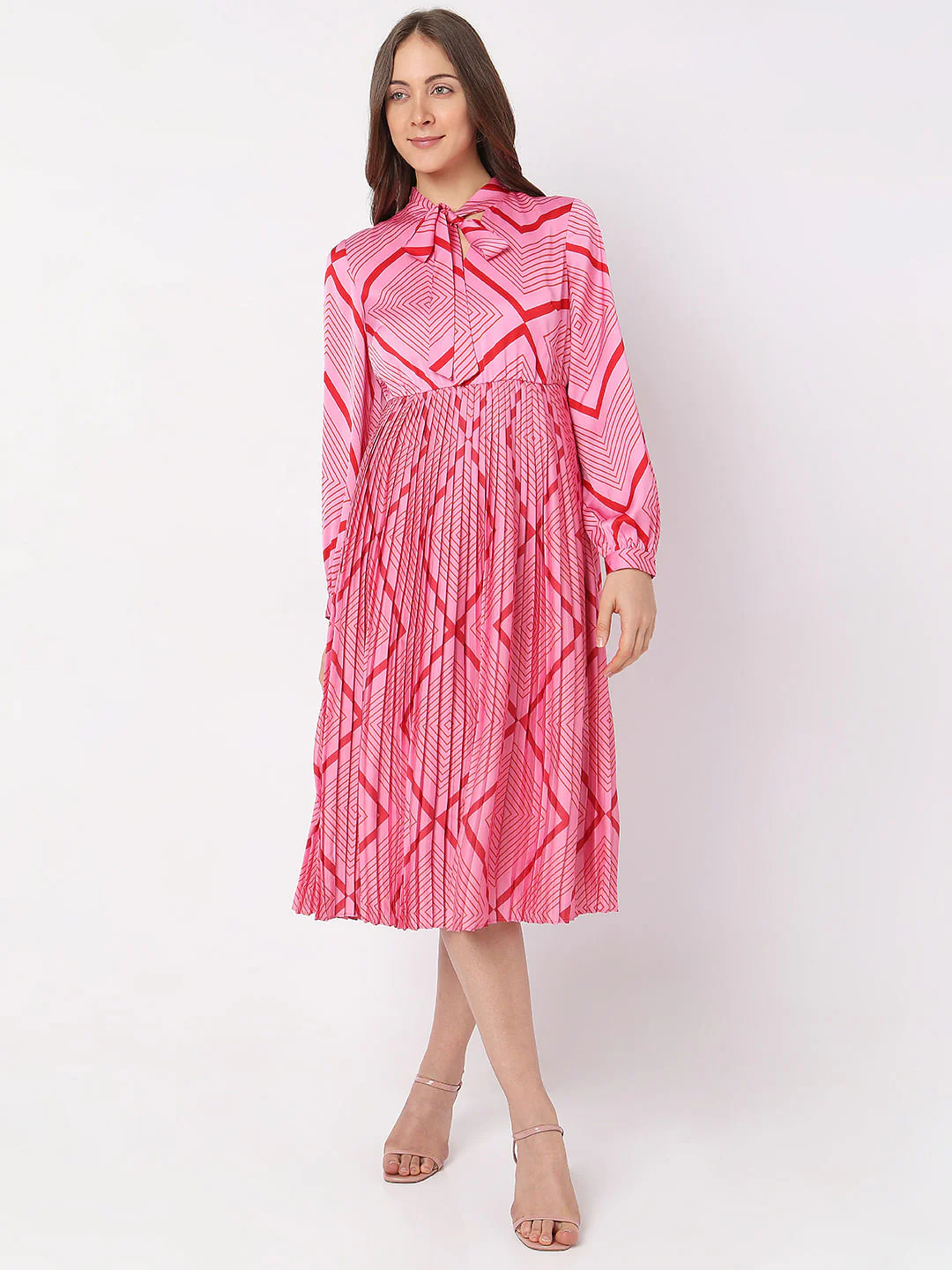 Pink Printed Pleated Midi Dress - Image 2