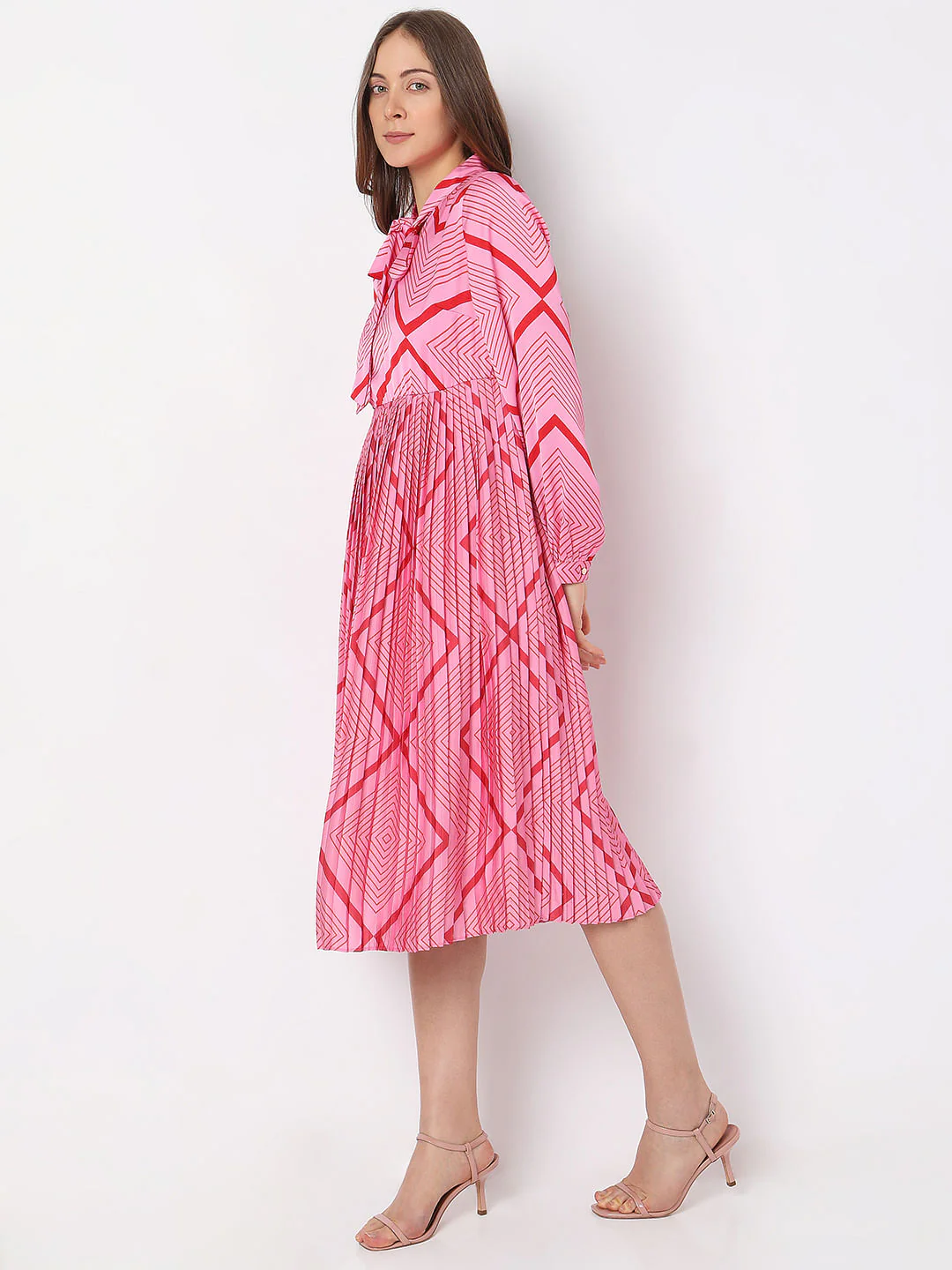 Pink Printed Pleated Midi Dress - Image 3