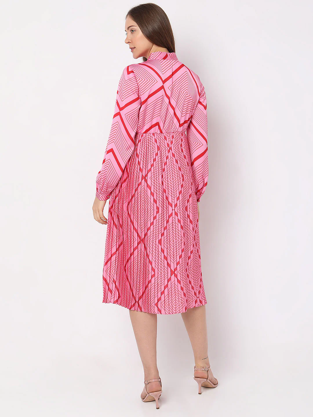 Pink Printed Pleated Midi Dress - Image 4