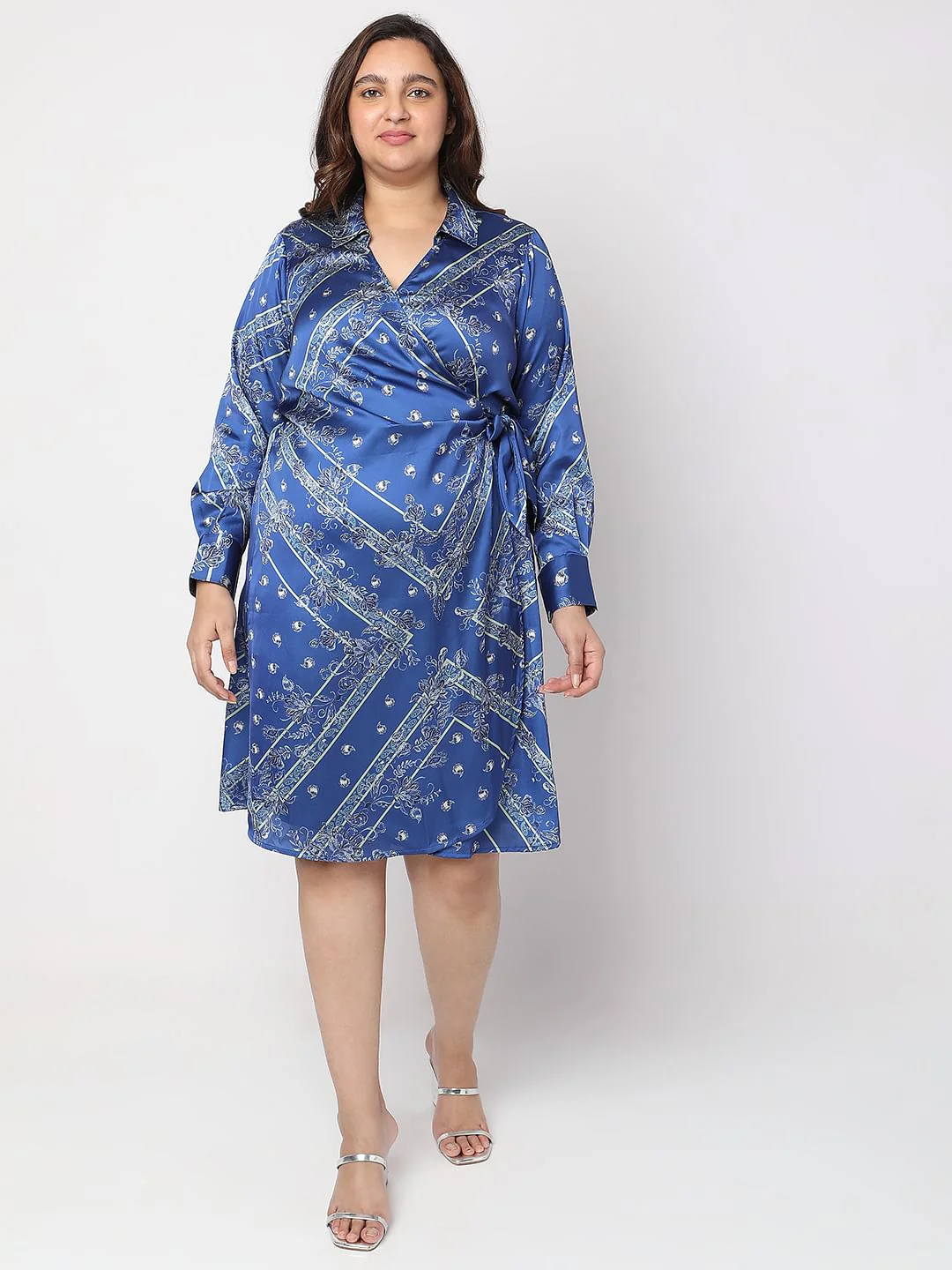 Curve Blue Printed Satin Wrap Dress - Image 2