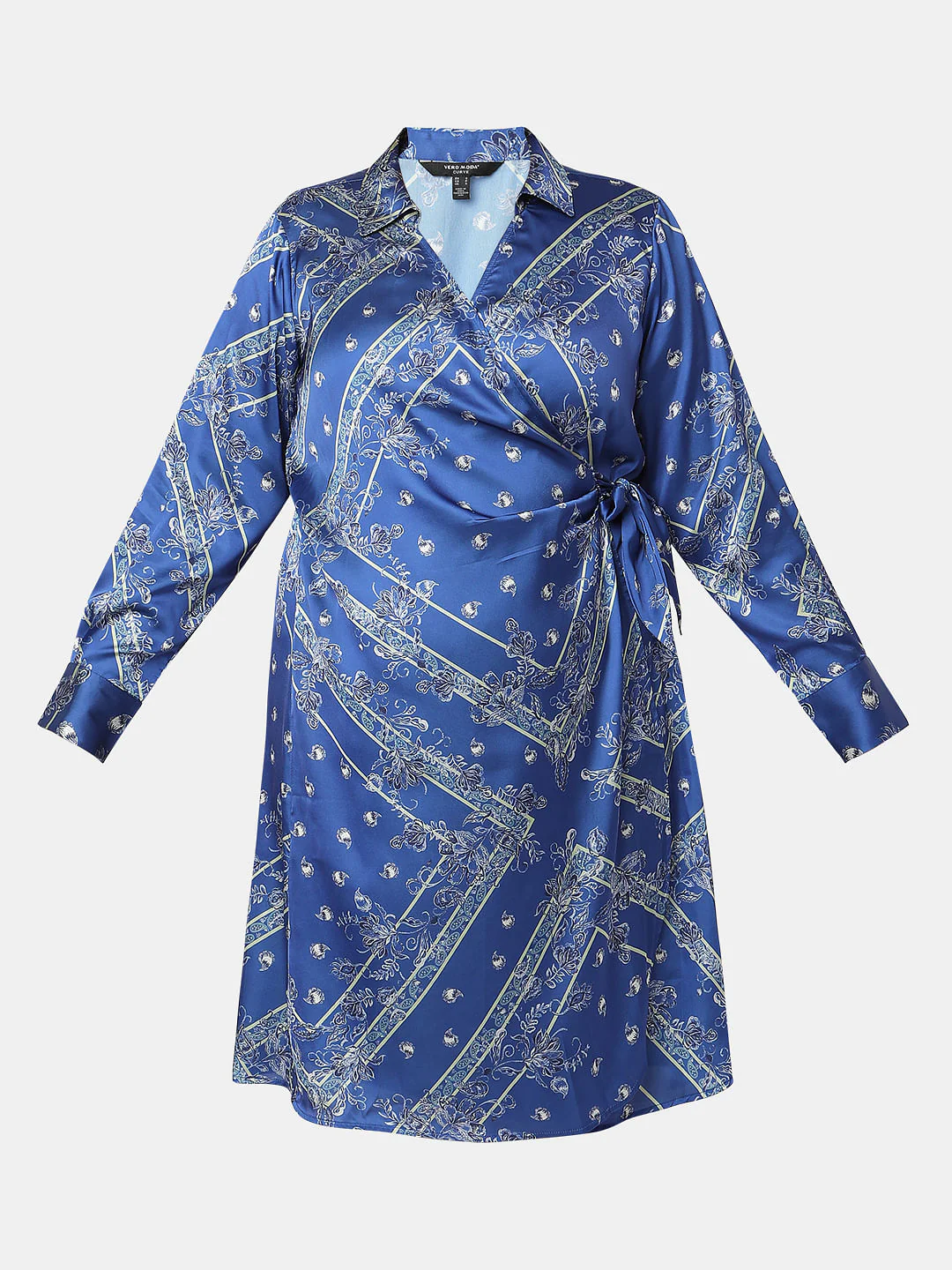 Curve Blue Printed Satin Wrap Dress - Image 6