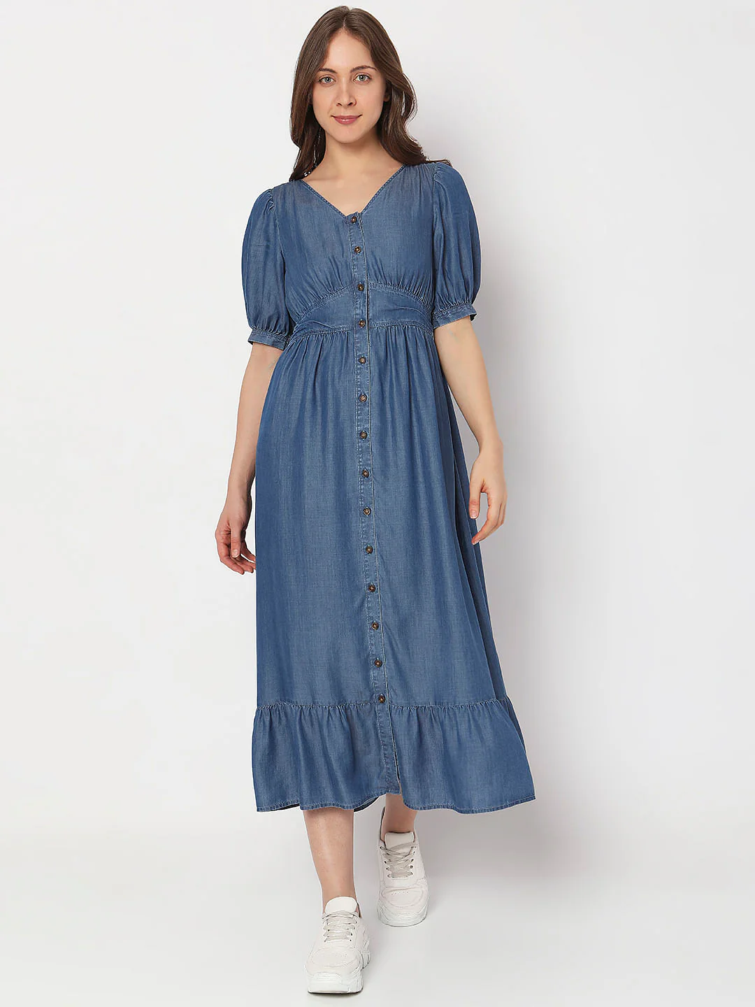 Blue Button Detail Denim Dress - Image 2