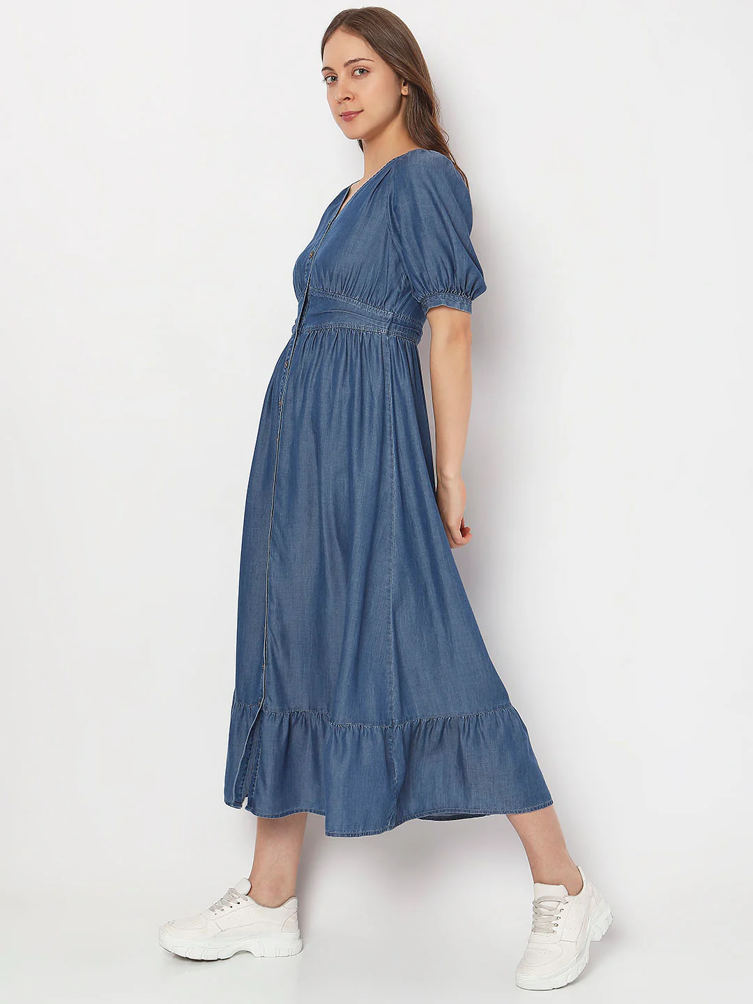 Blue Button Detail Denim Dress - Image 3
