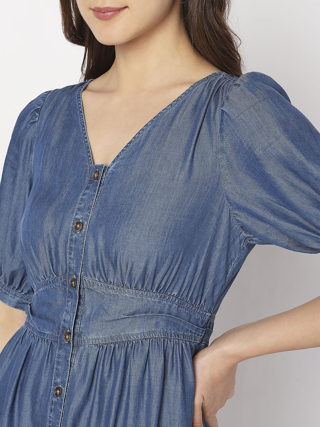 Blue Button Detail Denim Dress - Image 5