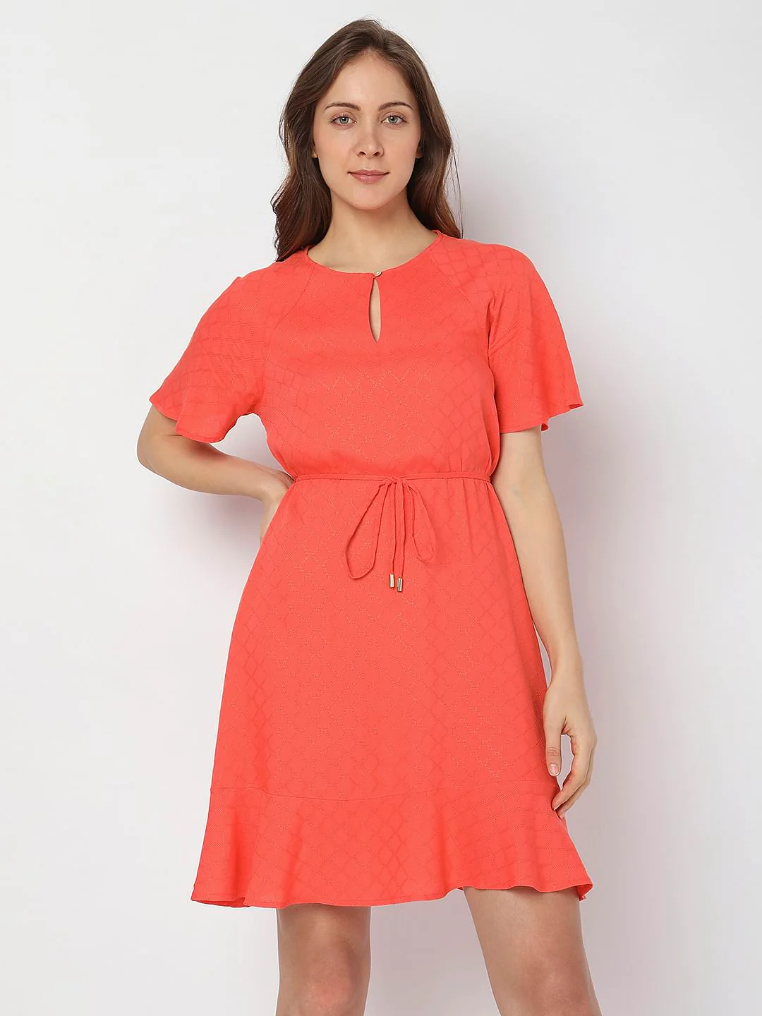 Orange Textured Flared Dress - Image 2