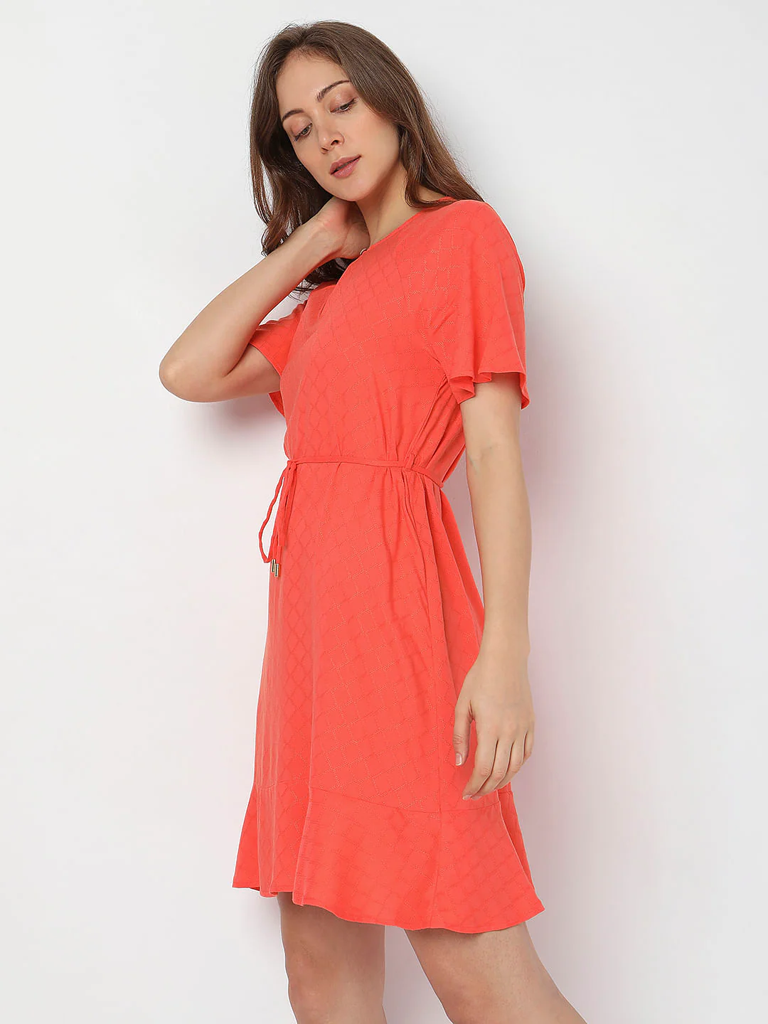 Orange Textured Flared Dress - Image 3