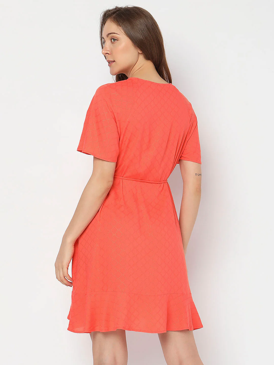 Orange Textured Flared Dress - Image 4