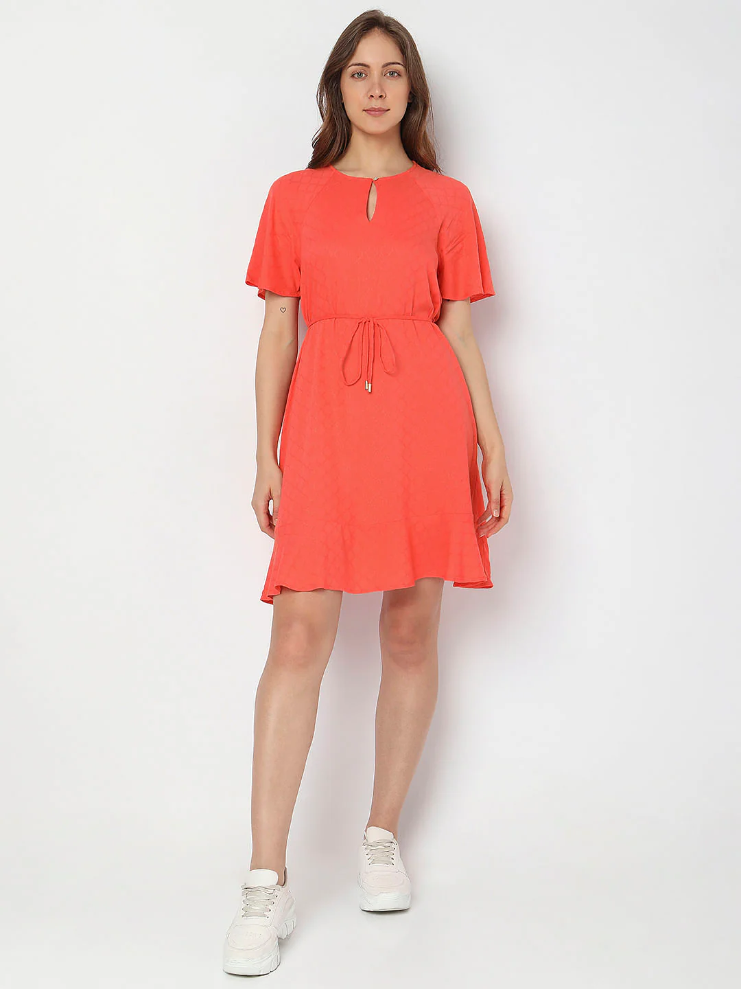 Orange Textured Flared Dress - Image 5