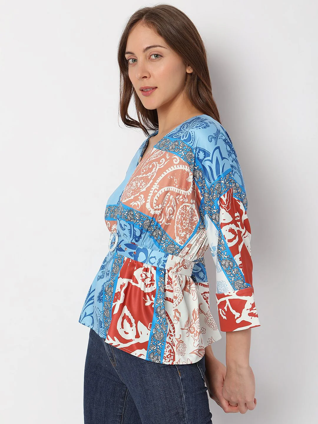 Blue Printed Cinched Waist Top - Image 3