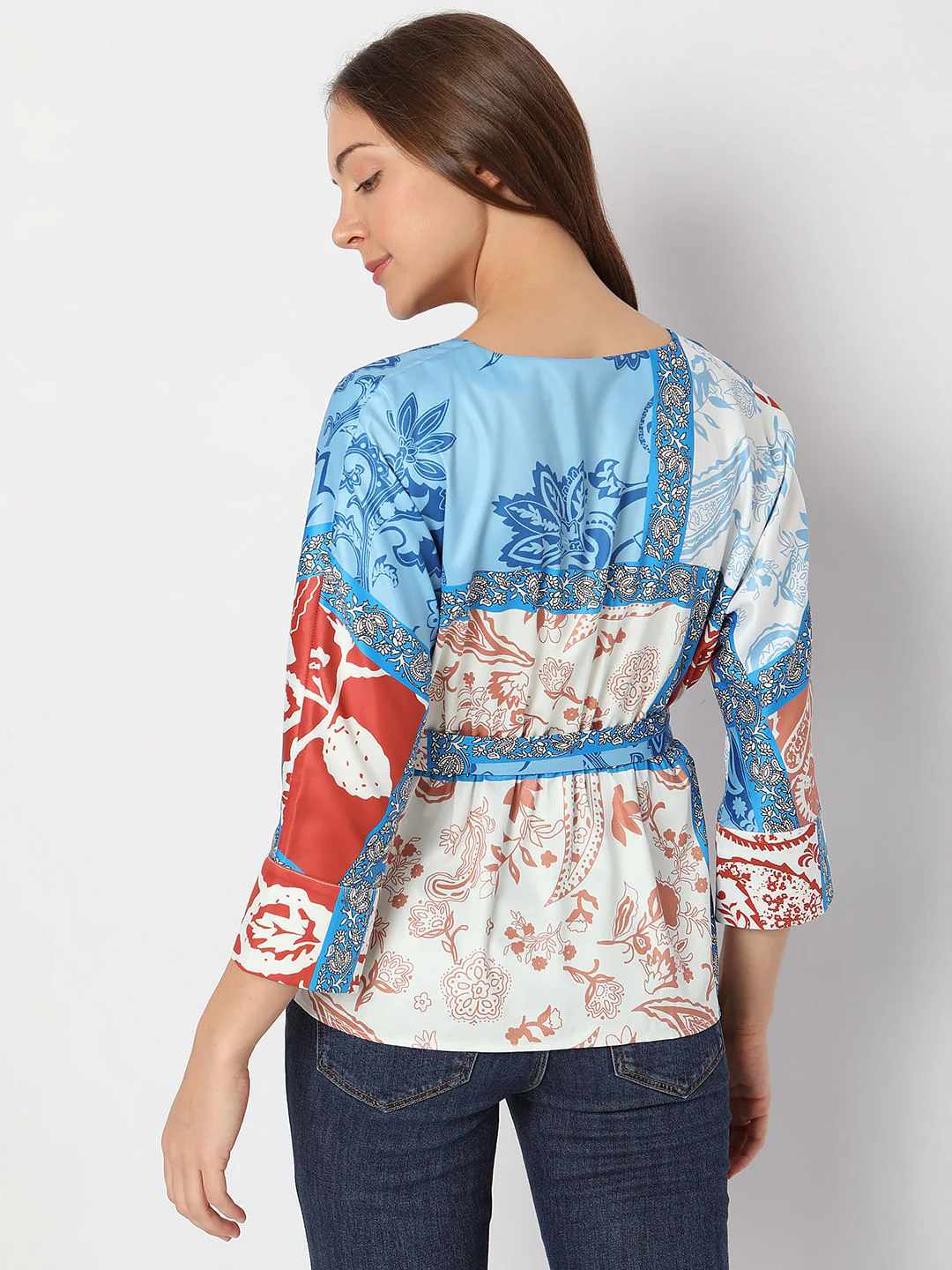 Blue Printed Cinched Waist Top - Image 4