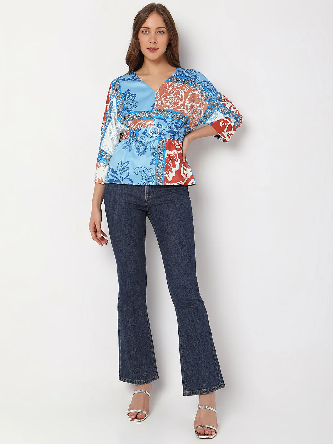 Blue Printed Cinched Waist Top - Image 5