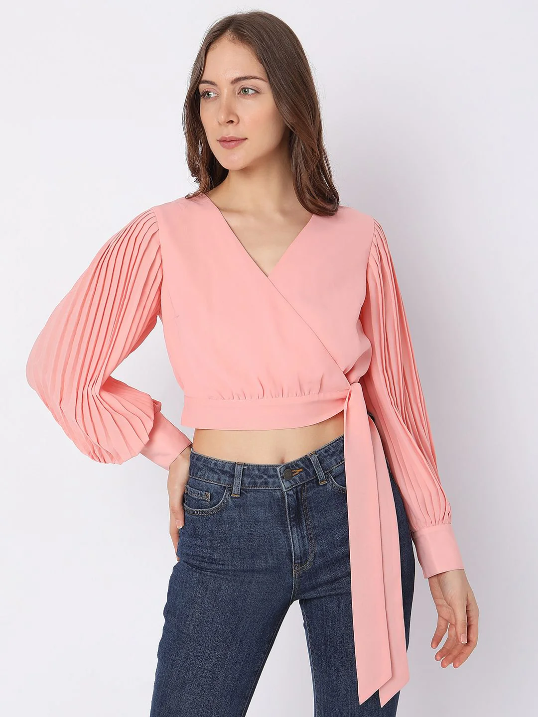Pink Wrap Detail Crop Top - Image 2