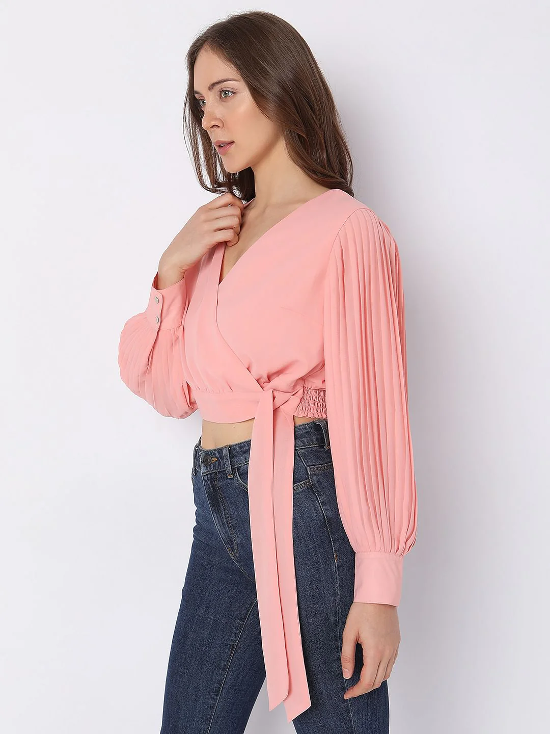 Pink Wrap Detail Crop Top - Image 3