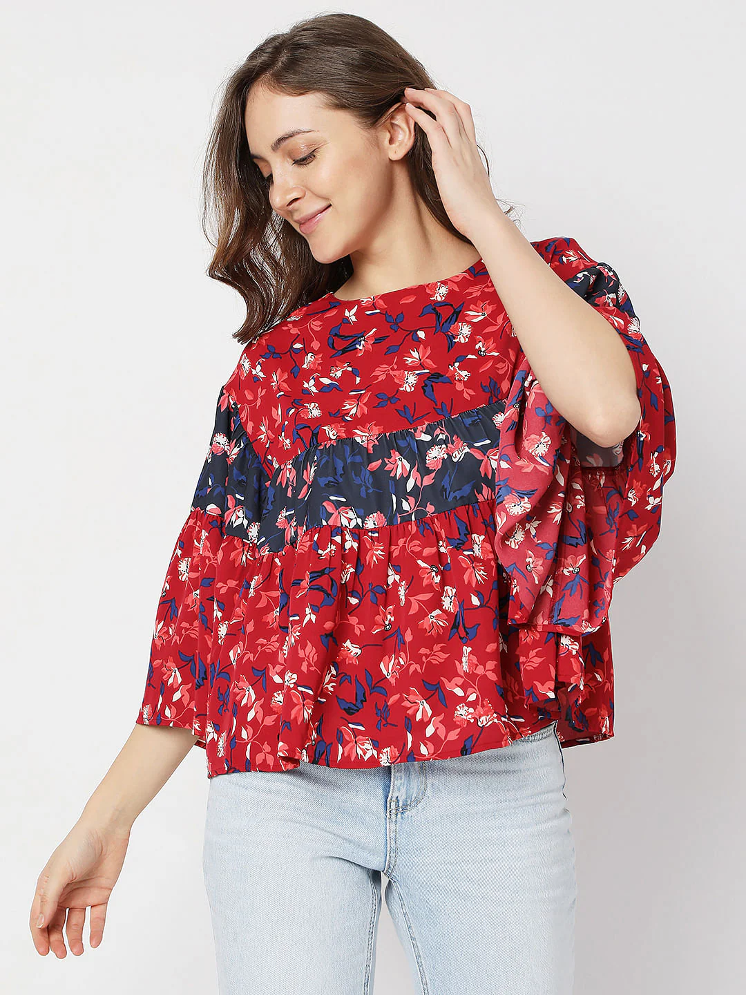 Red Floral Loose Tiered Top - Image 2