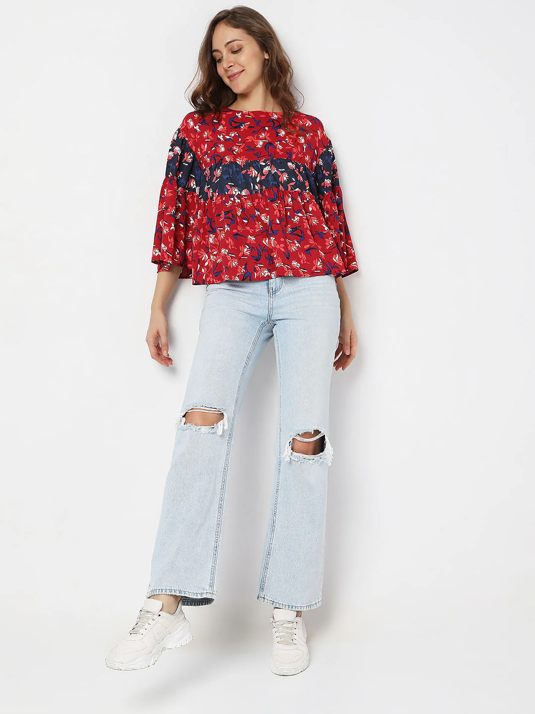 Red Floral Loose Tiered Top - Image 5