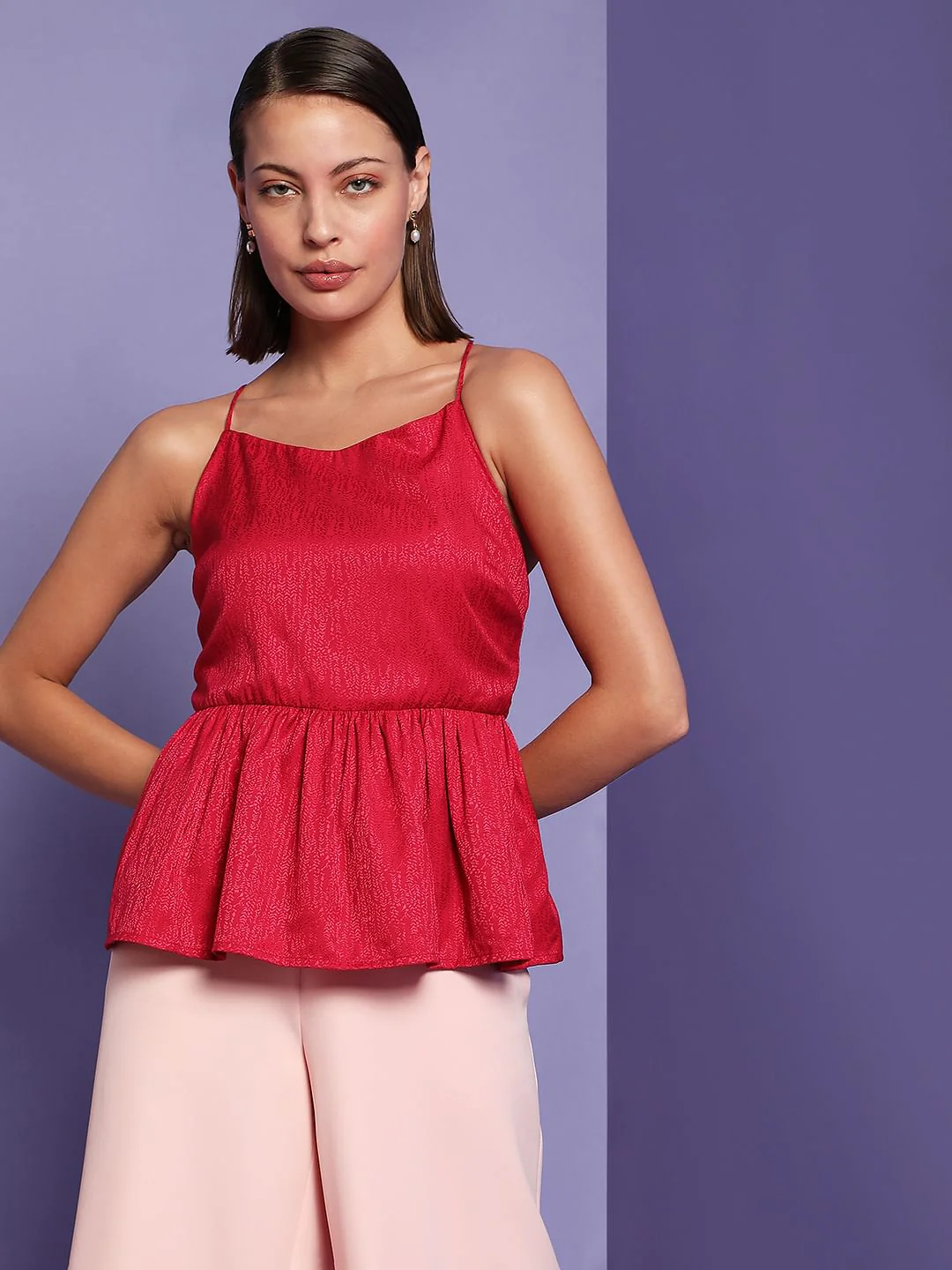 Marquee Dark Pink Jacquard Peplum Top - Image 2