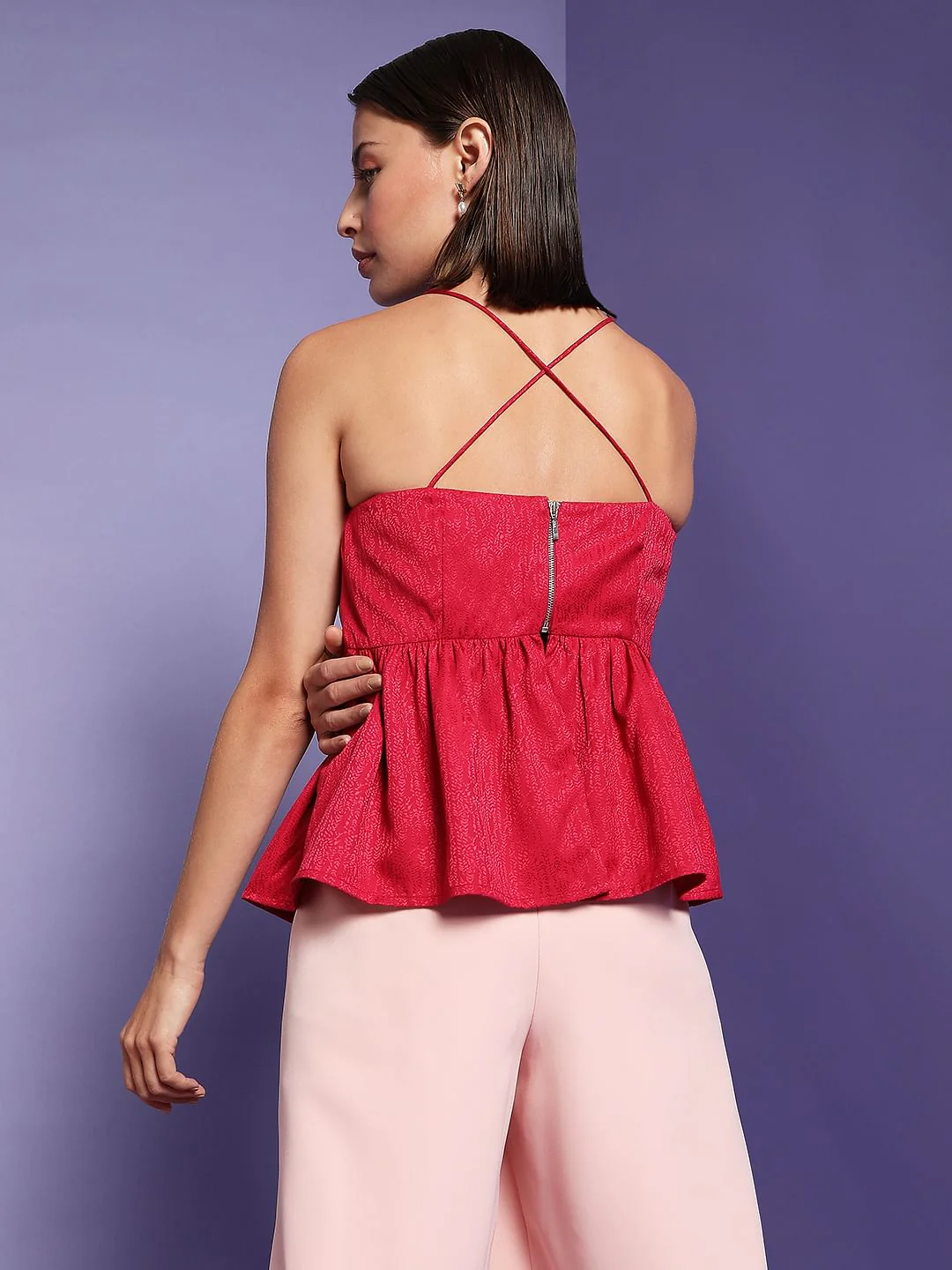 Marquee Dark Pink Jacquard Peplum Top - Image 4