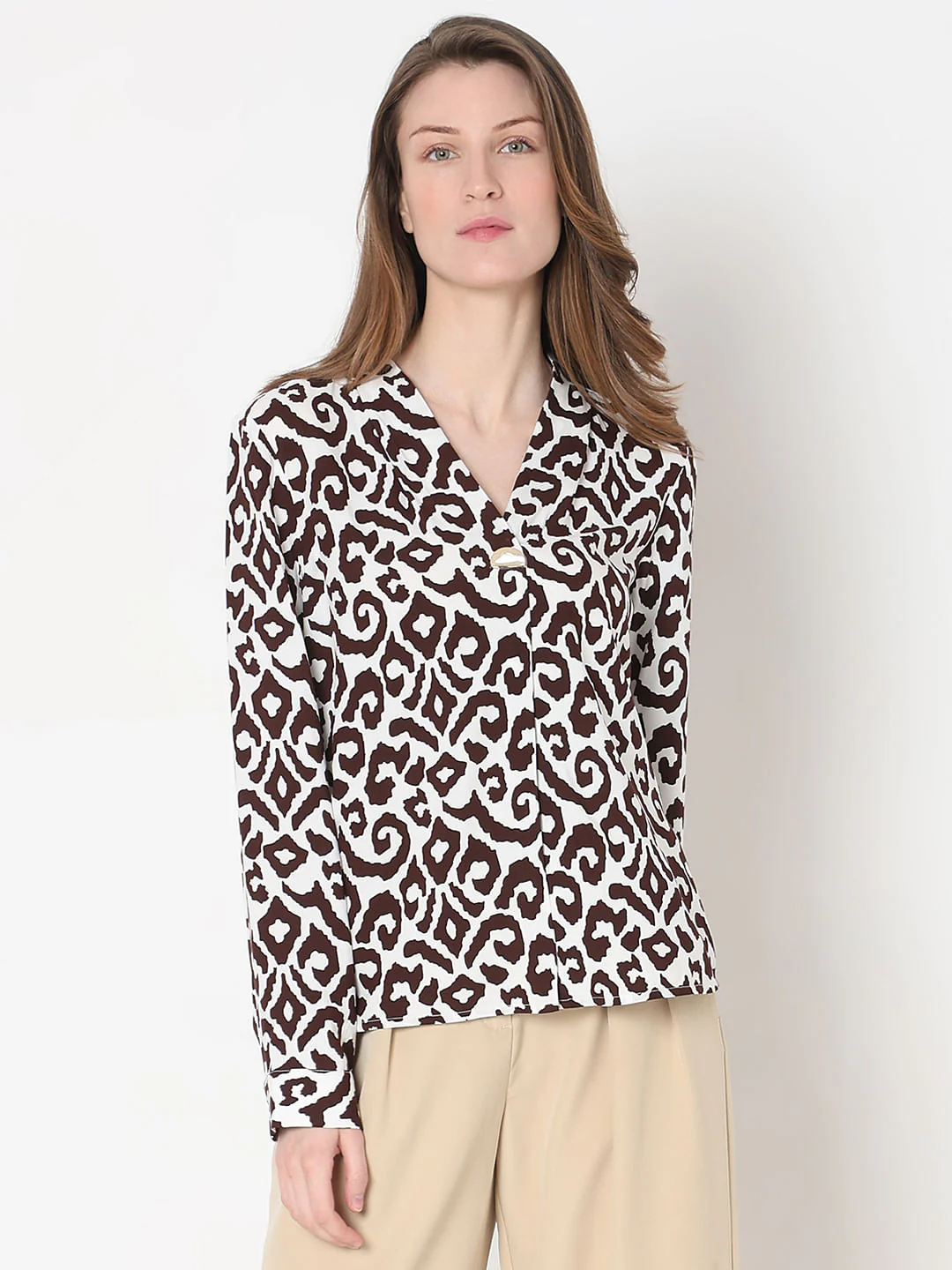 Brown & White Abstract Print Top - Image 2