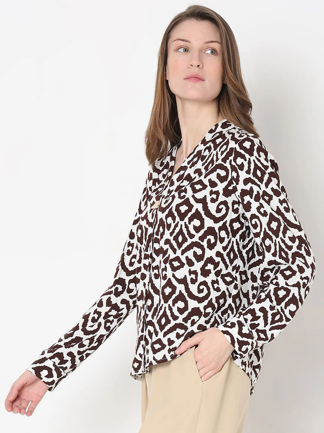Brown & White Abstract Print Top - Image 3