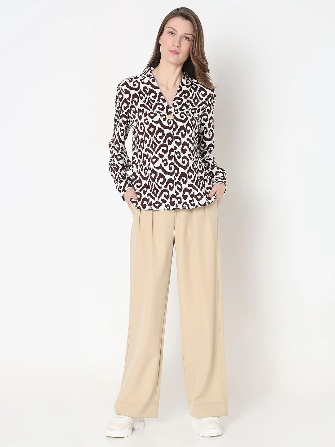 Brown & White Abstract Print Top - Image 5