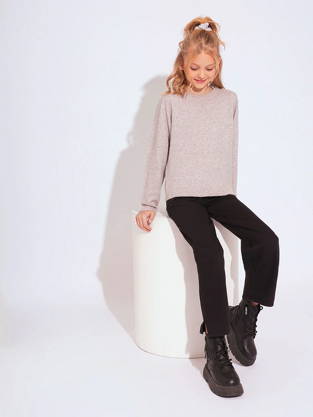 Girls Pink Melange O-Neck Pullover