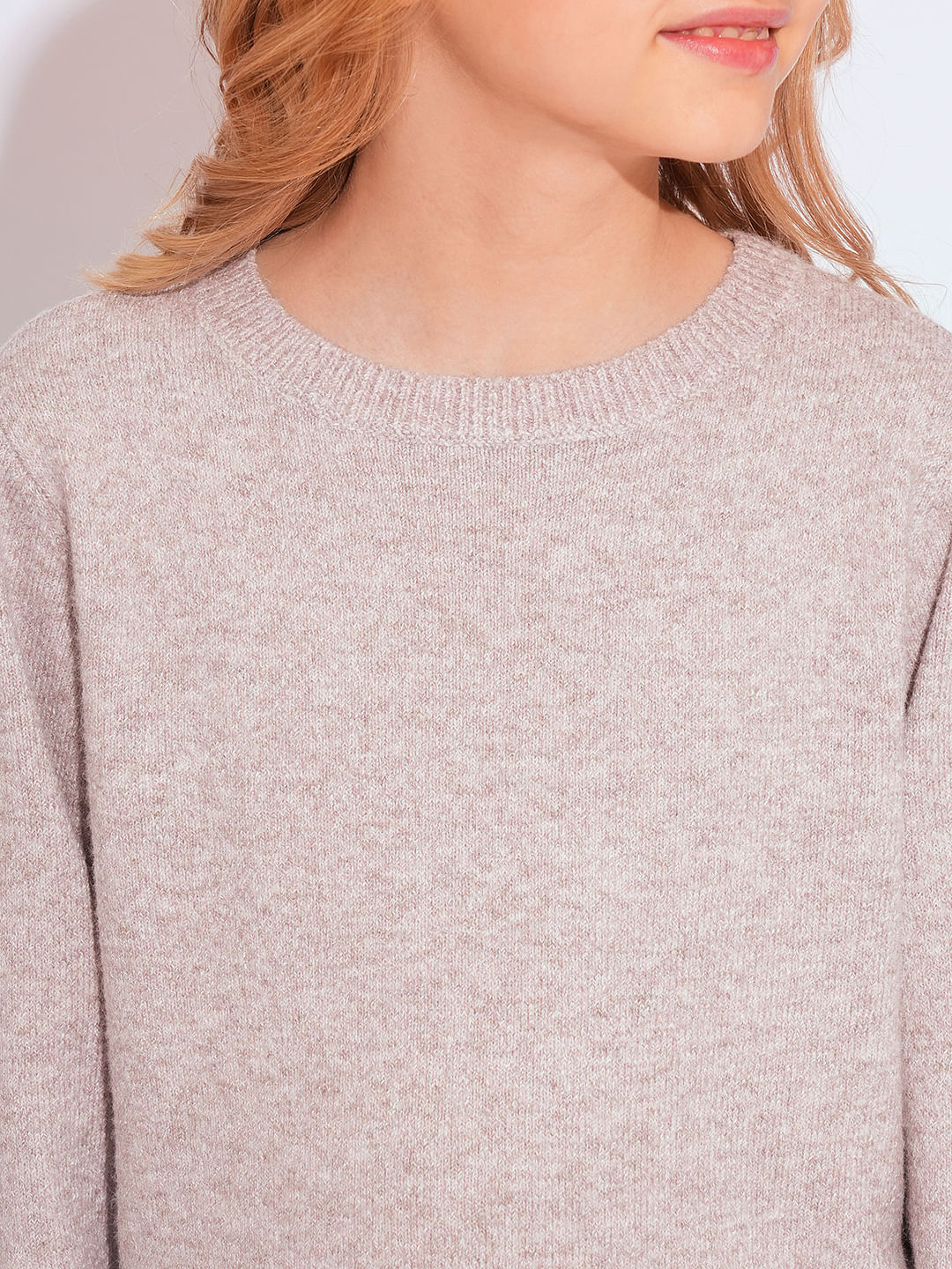 Girls Pink Melange O-Neck Pullover - Image 4
