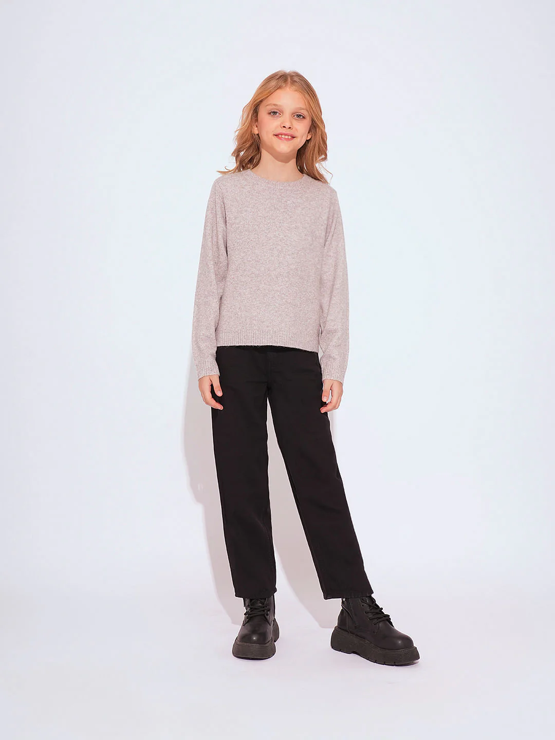 Girls Pink Melange O-Neck Pullover - Image 5
