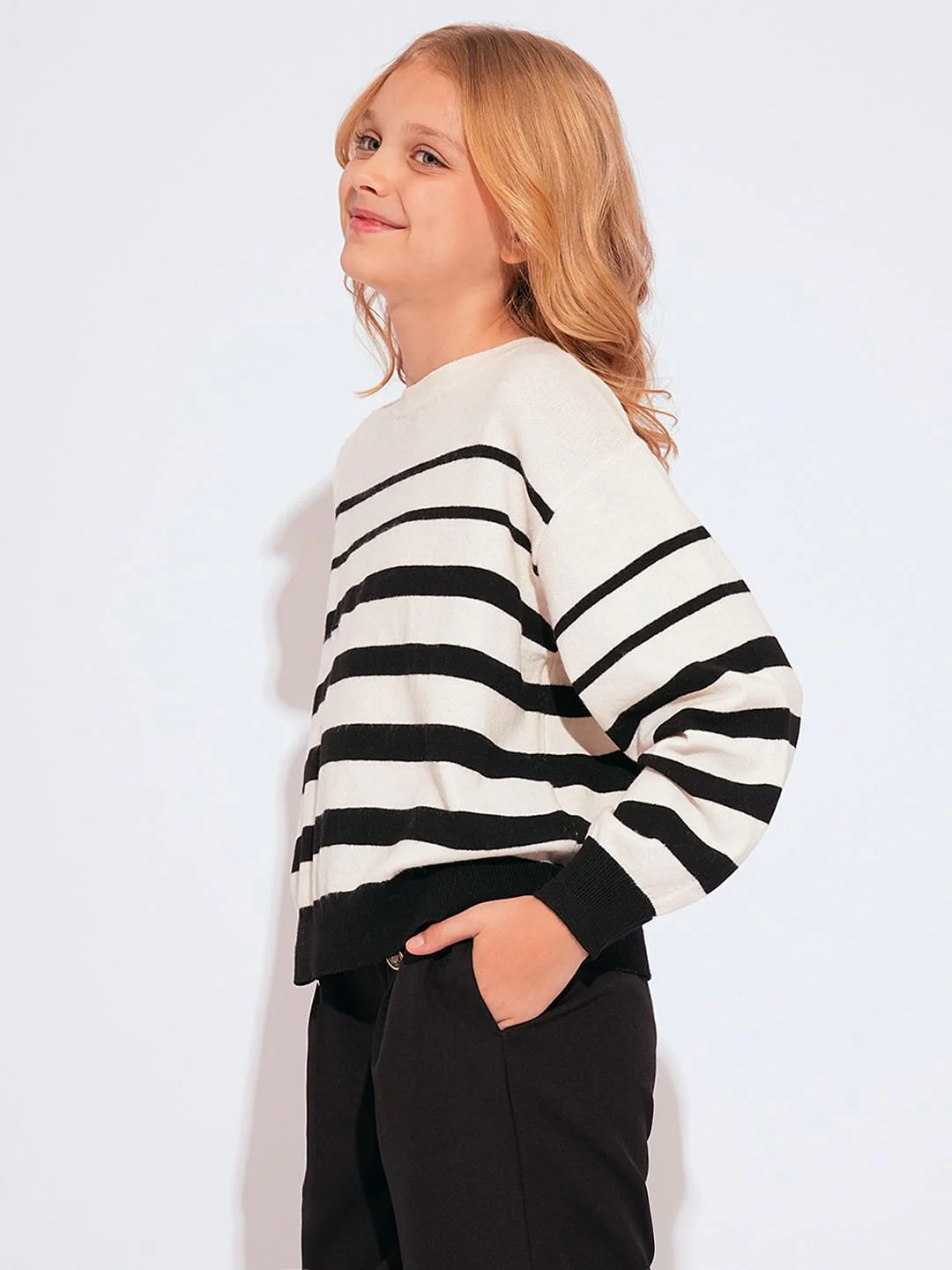 Girls Beige Striped Pullover - Image 2